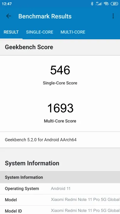 Wyniki testu Xiaomi Redmi Note 11 Pro 5G Global 6/64GB Geekbench Benchmark