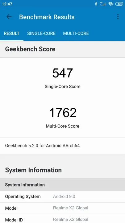 Wyniki testu Realme X2 Global Geekbench Benchmark