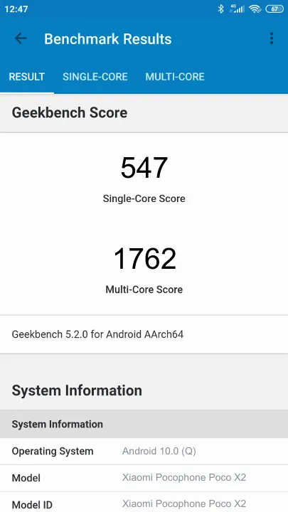 Xiaomi Pocophone Poco X2 Geekbench benchmark score results