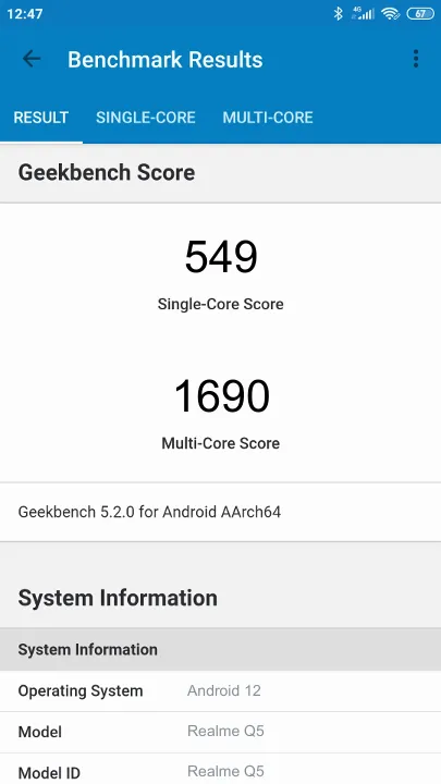Pontuações do Realme Q5 6/128GB Geekbench Benchmark