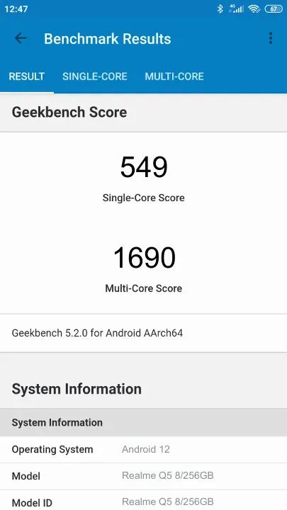 Skor Realme Q5 8/256GB Geekbench Benchmark