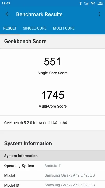 Samsung Galaxy A72 6/128GB Geekbench benchmark score results