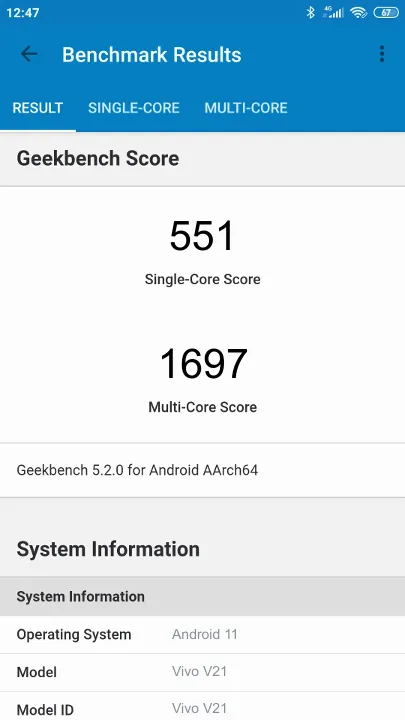 Vivo V21 Geekbench ベンチマークテスト