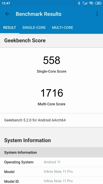 نتائج اختبار Infinix Note 11 Pro Geekbench المعيارية