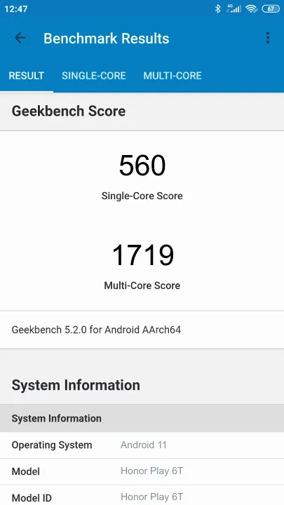 Wyniki testu Honor Play 6T 8/128GB Geekbench Benchmark