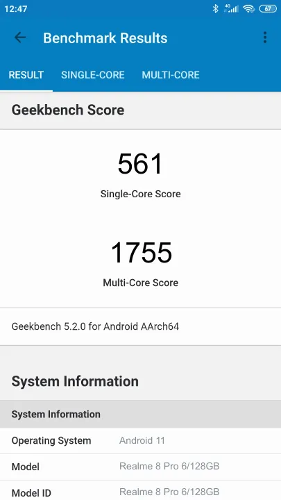 Pontuações do Realme 8 Pro 6/128GB Geekbench Benchmark