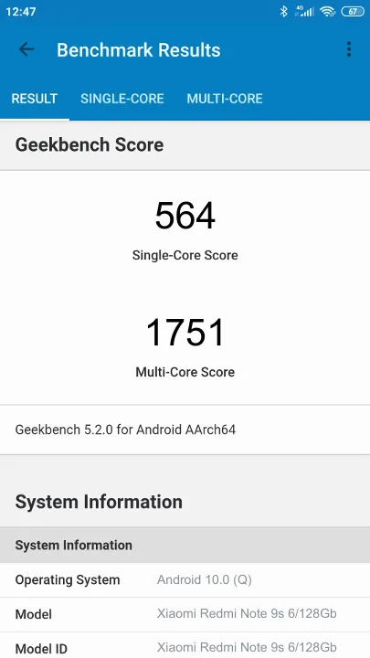 نتائج اختبار Xiaomi Redmi Note 9s 6/128Gb Geekbench المعيارية