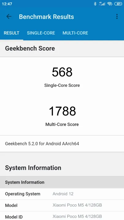 Wyniki testu Xiaomi Poco M5 4/128GB Geekbench Benchmark