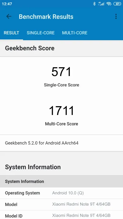 Wyniki testu Xiaomi Redmi Note 9T 4/64GB Geekbench Benchmark