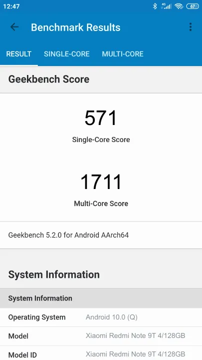 Punteggi Xiaomi Redmi Note 9T 4/128GB Geekbench Benchmark