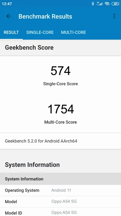 Oppo A54 5G Geekbench benchmark score results