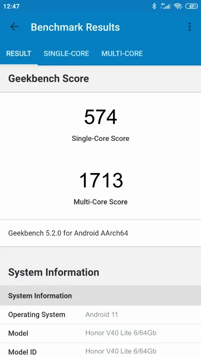 Wyniki testu Honor V40 Lite 6/64Gb Geekbench Benchmark