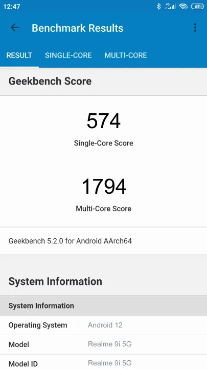 Realme 9i 5G 4/64GB的Geekbench Benchmark测试得分