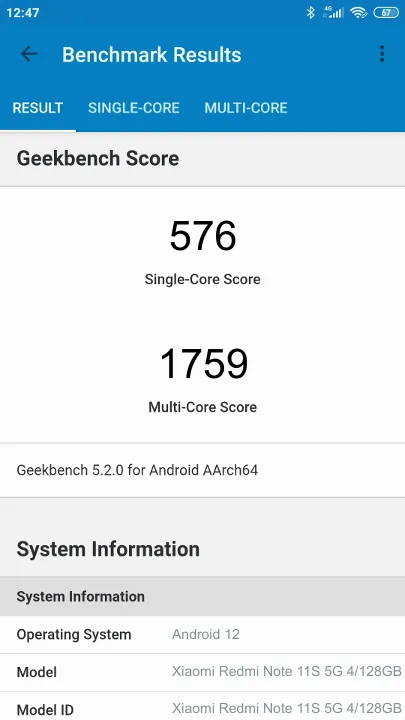 Wyniki testu Xiaomi Redmi Note 11S 5G 4/128GB Geekbench Benchmark