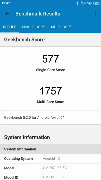 Wyniki testu UMIDIGI F3 5G Geekbench Benchmark