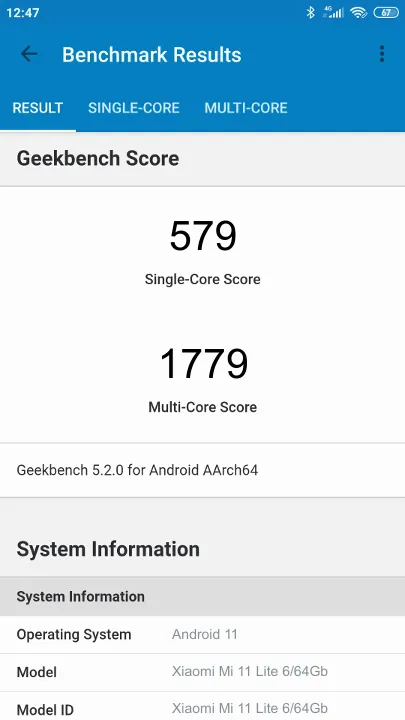 Xiaomi Mi 11 Lite 6/64Gb Geekbench Benchmark-Ergebnisse
