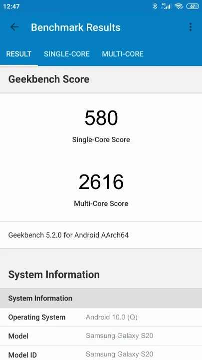 Samsung Galaxy S20的Geekbench Benchmark测试得分