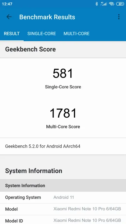 Punteggi Xiaomi Redmi Note 10 Pro 6/64GB Geekbench Benchmark