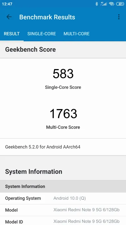 Xiaomi Redmi Note 9 5G 6/128Gb תוצאות ציון מידוד Geekbench