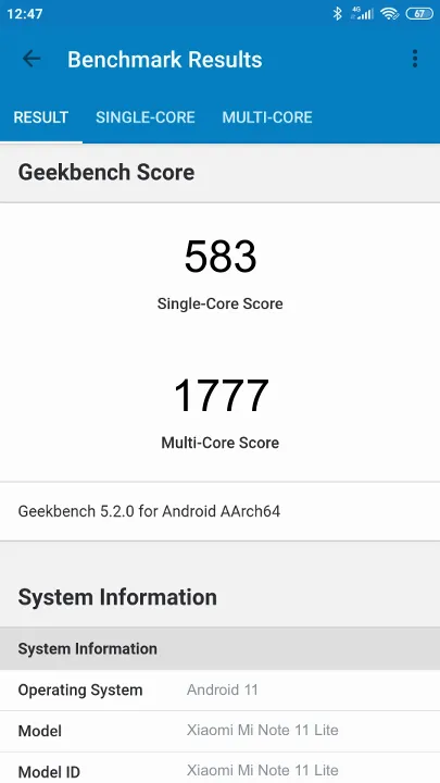 Xiaomi Mi Note 11 Lite תוצאות ציון מידוד Geekbench