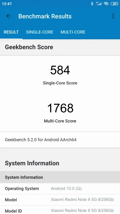 Wyniki testu Xiaomi Redmi Note 9 5G 8/256Gb Geekbench Benchmark