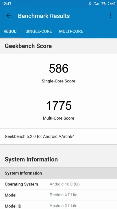Pontuações do Realme X7 Lite Geekbench Benchmark