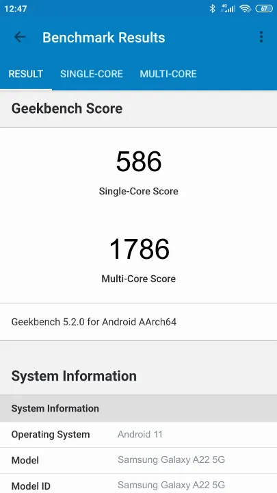 Wyniki testu Samsung Galaxy A22 5G Geekbench Benchmark