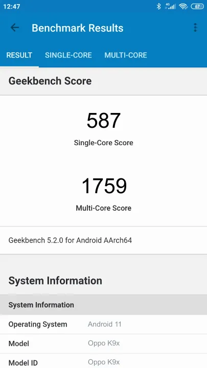 Punteggi Oppo K9x Geekbench Benchmark