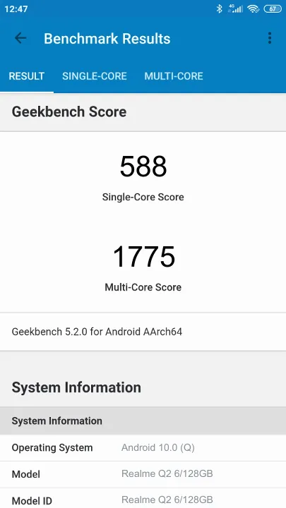 Pontuações do Realme Q2 6/128GB Geekbench Benchmark