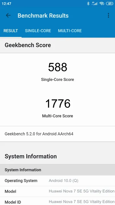 Wyniki testu Huawei Nova 7 SE 5G Vitality Edition Geekbench Benchmark