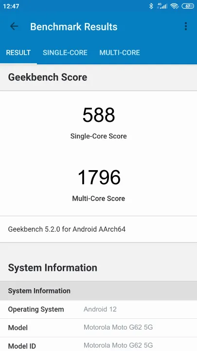 Motorola Moto G62 5G 4/128GB Geekbench Benchmark점수