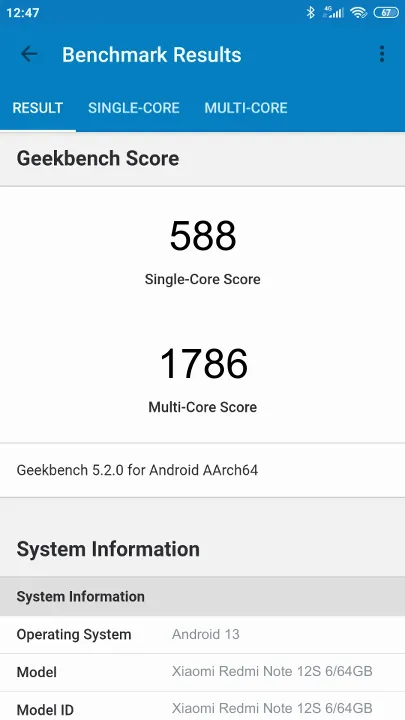 Βαθμολογία Xiaomi Redmi Note 12S 6/64GB Geekbench Benchmark