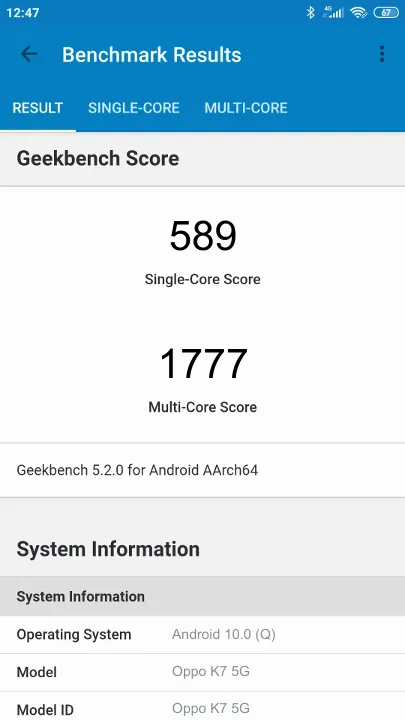 Oppo K7 5G的Geekbench Benchmark测试得分