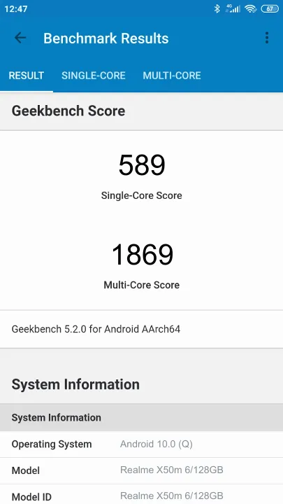 نتائج اختبار Realme X50m 6/128GB Geekbench المعيارية