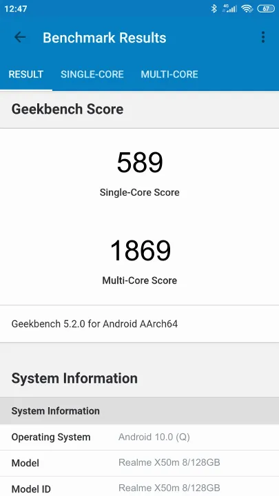 Pontuações do Realme X50m 8/128GB Geekbench Benchmark