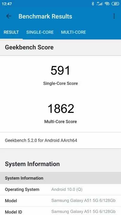Pontuações do Samsung Galaxy A51 5G 6/128Gb Geekbench Benchmark