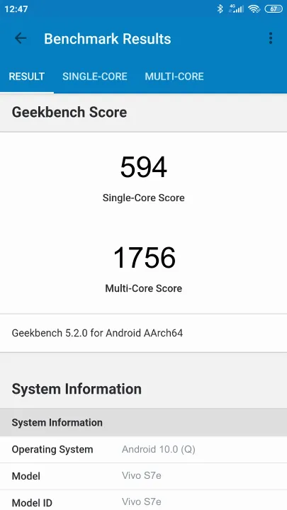 Vivo S7e Geekbench benchmark: classement et résultats scores de tests