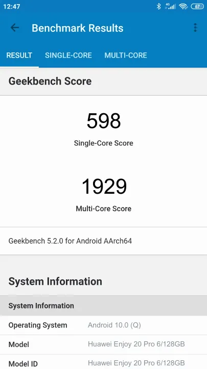 Wyniki testu Huawei Enjoy 20 Pro 6/128GB Geekbench Benchmark