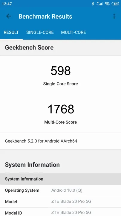 ZTE Blade 20 Pro 5G Geekbench benchmark score results