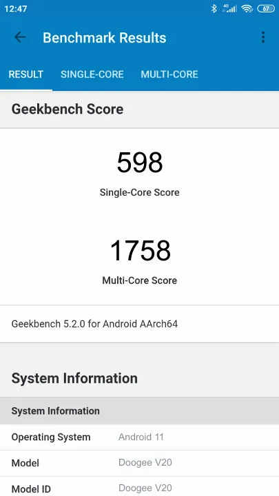 Doogee V20 Geekbench Benchmark ranking: Resultaten benchmarkscore
