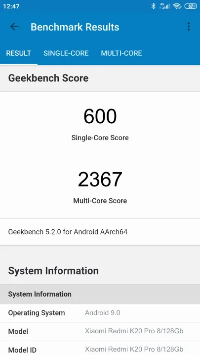 Wyniki testu Xiaomi Redmi K20 Pro 8/128Gb Geekbench Benchmark