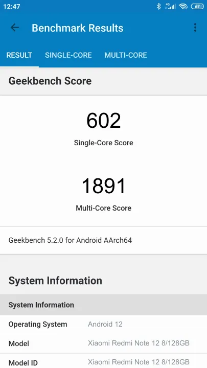 Wyniki testu Xiaomi Redmi Note 12 8/128GB Geekbench Benchmark