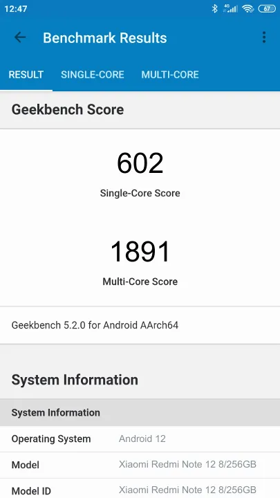 Βαθμολογία Xiaomi Redmi Note 12 8/256GB Geekbench Benchmark
