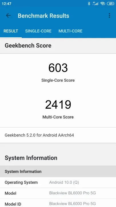 Blackview BL6000 Pro 5G Geekbench benchmark: classement et résultats scores de tests