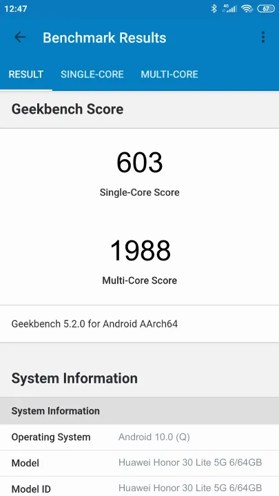 Wyniki testu Huawei Honor 30 Lite 5G 6/64GB Geekbench Benchmark