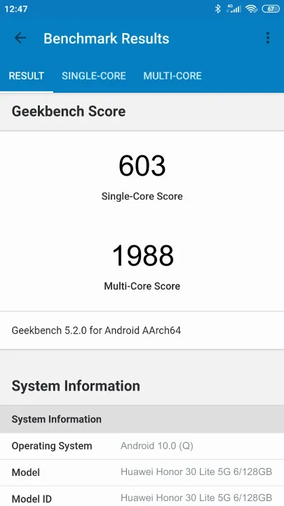Huawei Honor 30 Lite 5G 6/128GB的Geekbench Benchmark测试得分