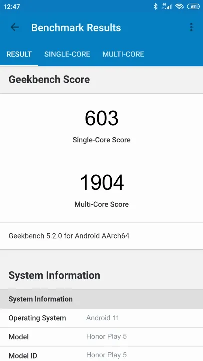 Honor Play 5 Geekbench Benchmark-Ergebnisse