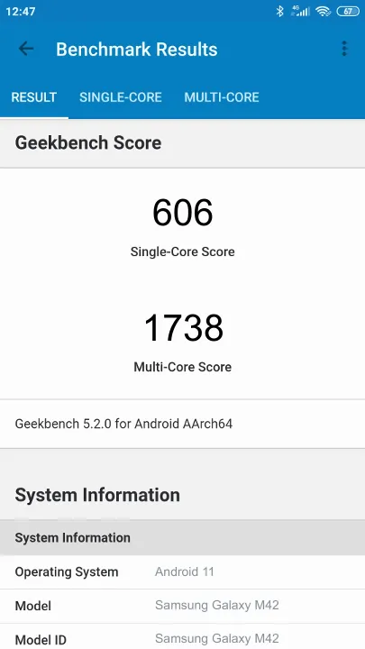 Samsung Galaxy M42 poeng for Geekbench-referanse