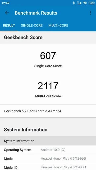 Wyniki testu Huawei Honor Play 4 6/128GB Geekbench Benchmark