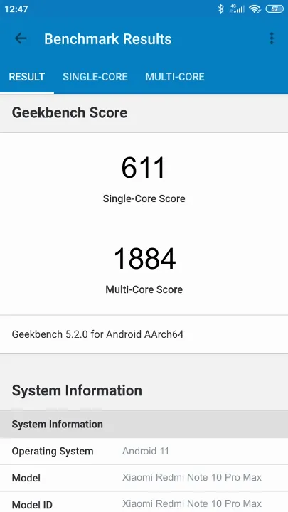 Wyniki testu Xiaomi Redmi Note 10 Pro Max Geekbench Benchmark